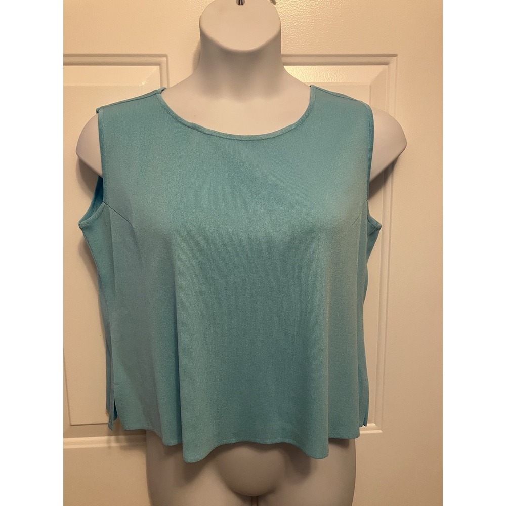 Misook Knit Tank Top XL Aqua Blue Sleeveless Shell Career Scoop Neck Side Slits